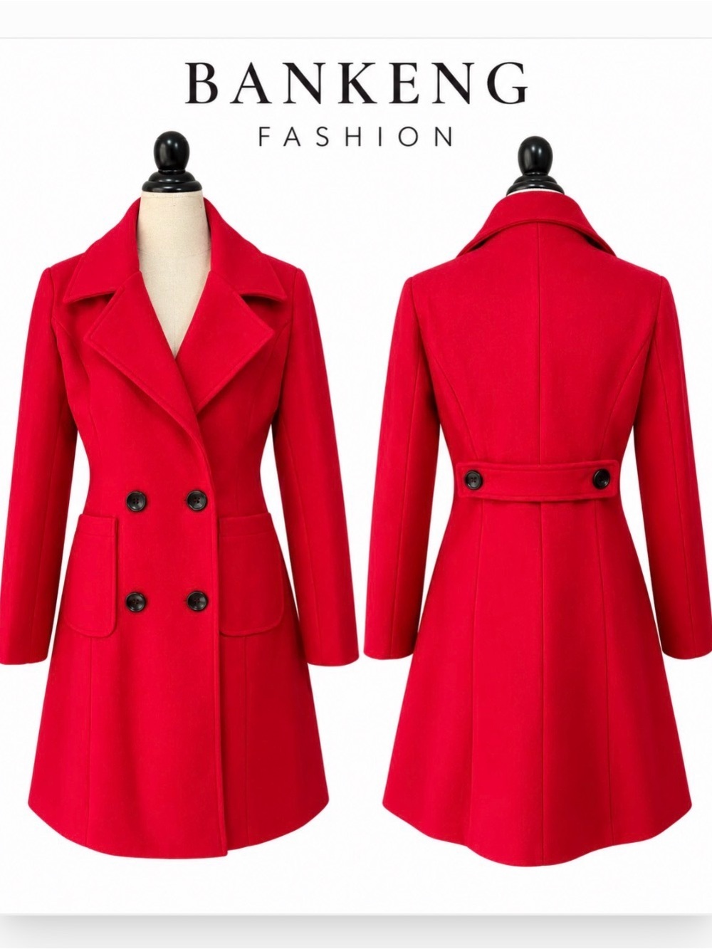 Bankeng Red Double Breasted Long Peacoat Women’s Size Medium. Holiday Ready!🎄